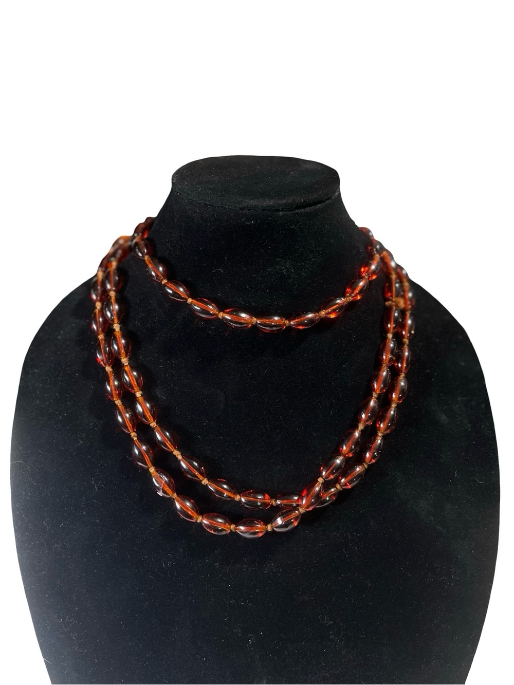Vtg Cherry Red Glass Bead Necklace Hand Knotted Oval Graduated Deco Flapper 60”